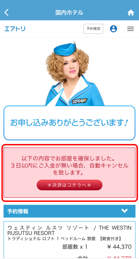 予約から3日以内に入金しないと、自動キャンセルになります