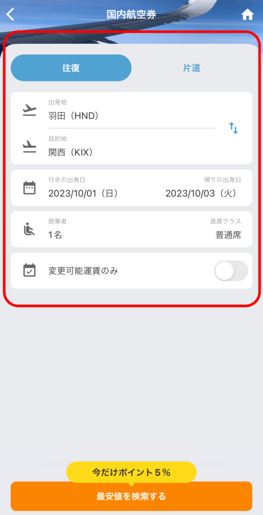 国内航空券の検索画面から、必要な項目を入力