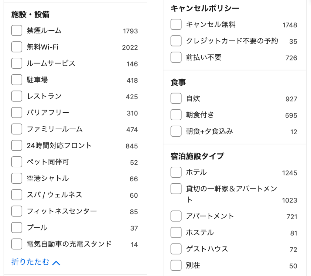 ブッキングドットコムの検索システムは、利用者の希望に合った宿泊先を絞り込むための選択肢が豊富