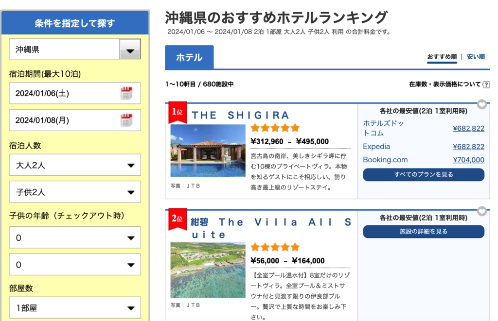 トラベルJPは旅行代理店とホテル公式サイトから価格比較ができる