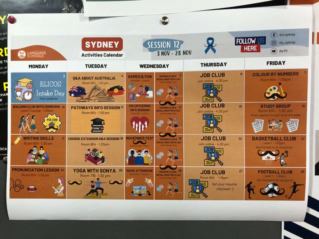 ILSC Sydneyのアクティビティカレンダー（Session 12、11月3日〜28日の月間イベント一覧）