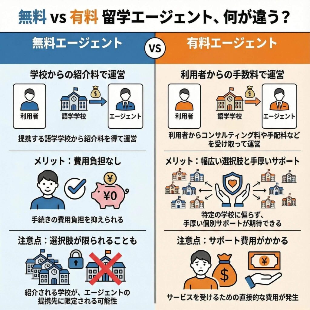 無料エージェントと有料エージェントの違いを比較した図。運営費の仕組み、メリット、注意点をまとめた説明画像