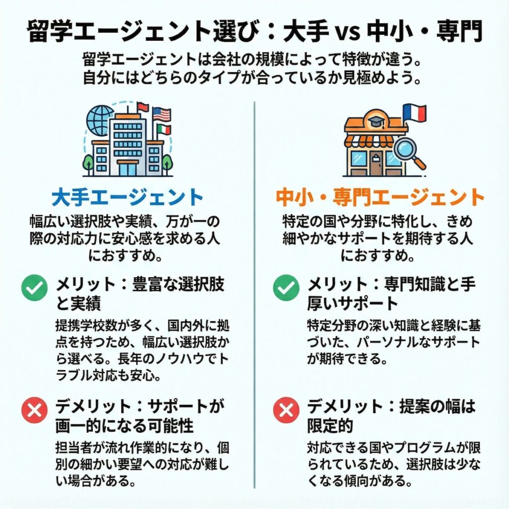 留学エージェントの大手と中小・専門タイプを比較した図。選択肢の広さや実績重視の大手と、専門知識や手厚い個別サポートが強みの中小・専門エージェントの違いを解説