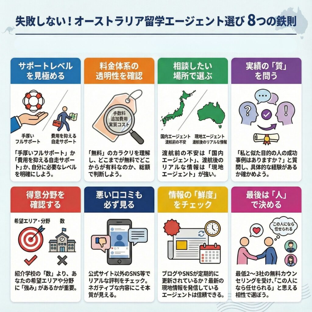 オーストラリア留学エージェント選びで失敗しないための8つの鉄則をまとめた解説画像