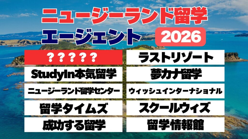 ニュージーランド留学エージェント10社をまとめた2025年版ランキング紹介バナー（StudyIn本気留学・ラストリゾートなど掲載）