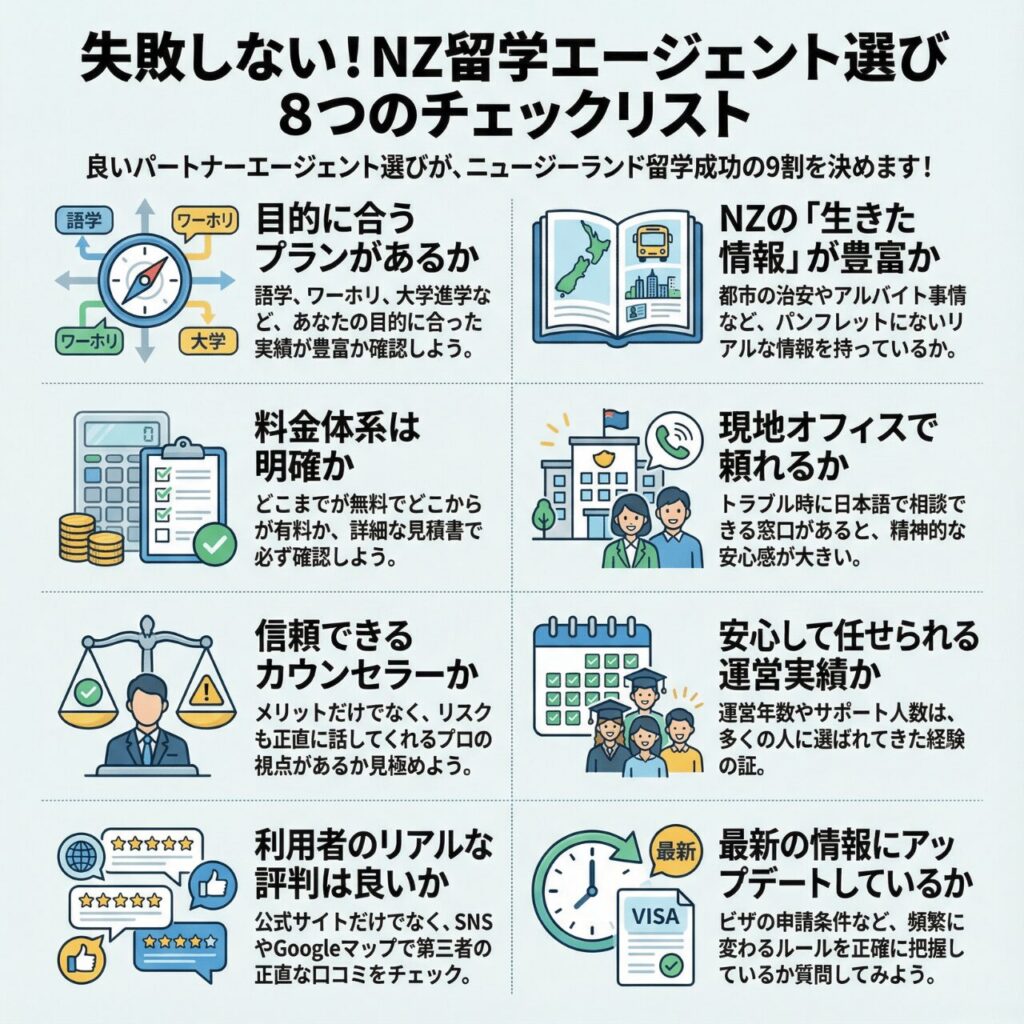 ニュージーランド留学エージェント選びで失敗しないための8つのチェックポイントをまとめた案内画像