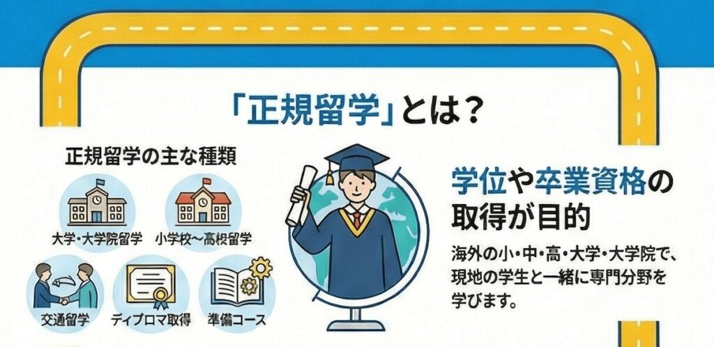 正規留学とは何かを解説した図。大学・大学院留学や交換留学などの主な種類と、学位や卒業資格の取得を目的とする点を説明