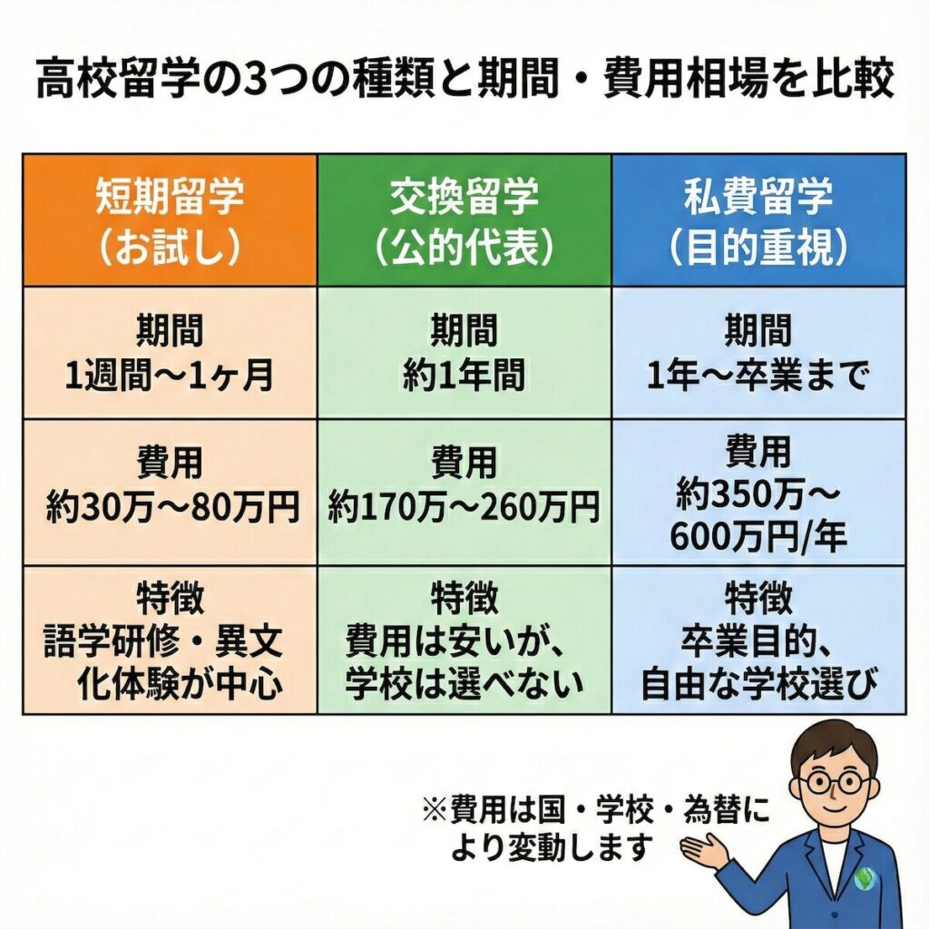 高校留学の3つの種類(短期留学・交換留学・私費留学)について、期間と費用相場、特徴を比較した一覧表の図
