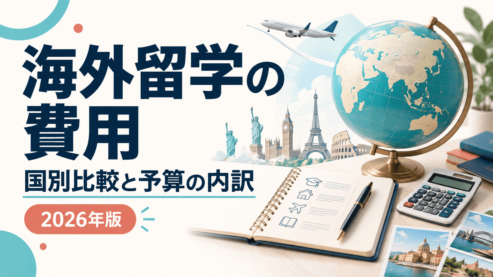 海外留学の費用を国別に比較し、予算の内訳を考える2026年版ガイド。地球儀、飛行機、電卓とノートのイラスト。