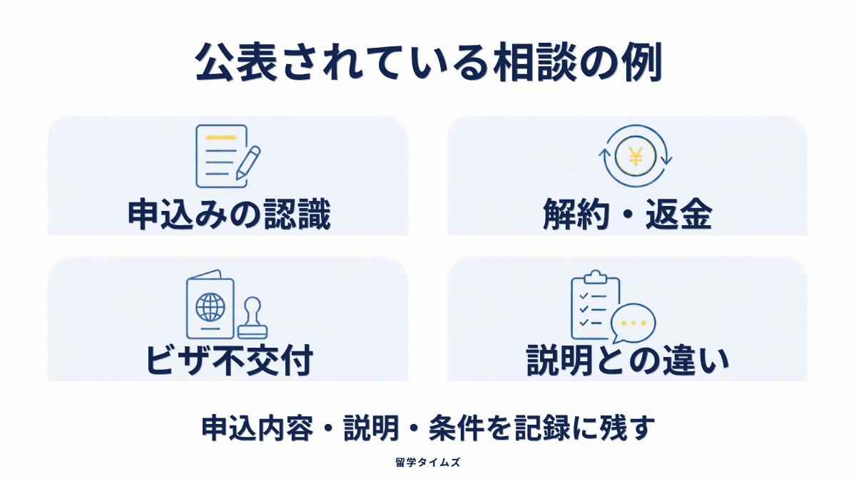 申込みの認識、解約・返金、ビザ不交付、説明との違いという公表相談の4類型
