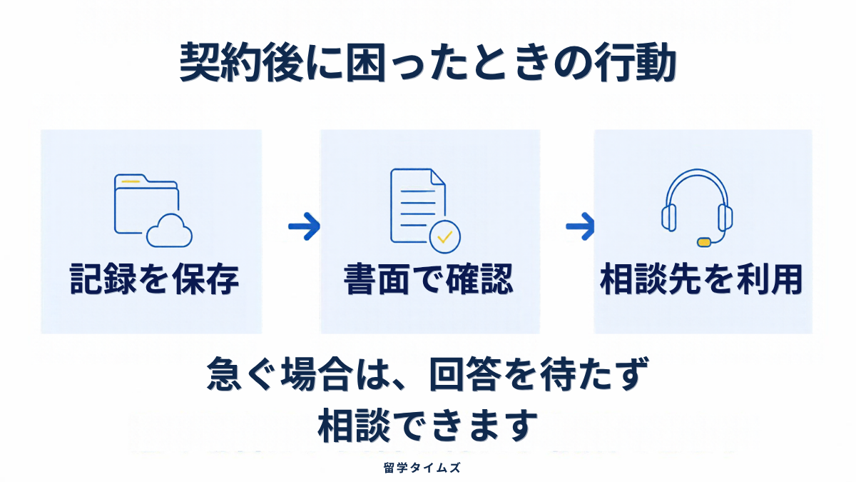 契約後は記録の保存、書面での確認、相談先の利用へ。急ぐ場合は回答を待たず相談できる