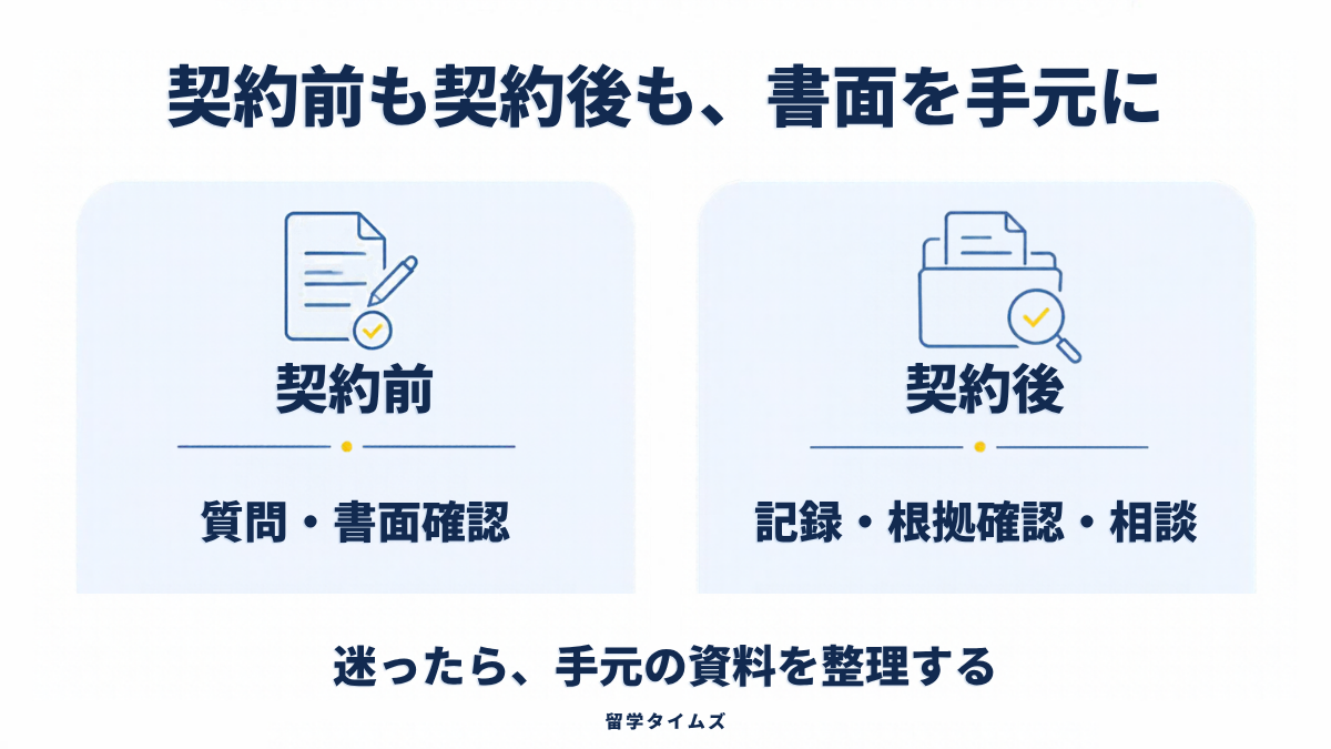契約前は質問と書面確認、契約後は記録・根拠確認・相談。手元の資料を整理する